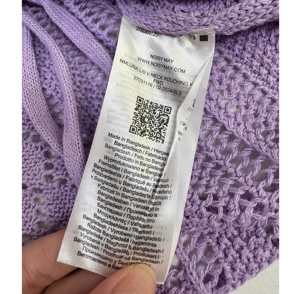 Noisy May Purple Pointelle Knit Rouched V-Neck Cropped Sweater Small
